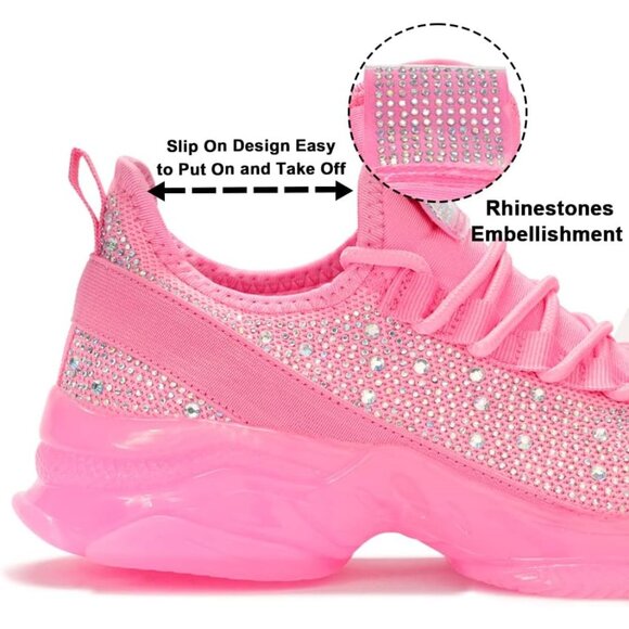 Women's Rhinestone Mesh Slip On Walking Breathable Pink Glitter Sneaker Shoes - Picture 4 of 6